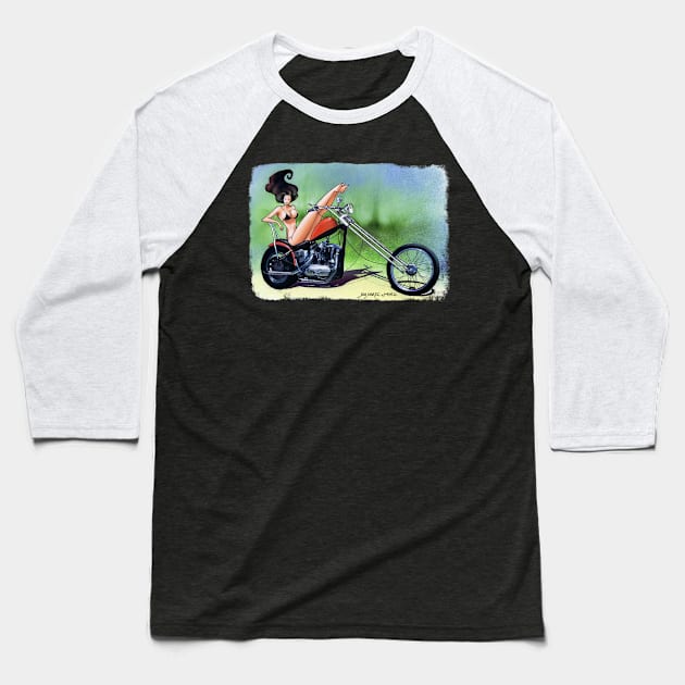 Bikini Motorcycle Girl Baseball T-Shirt by Juan Alvarez & Jorge Gomez Shop